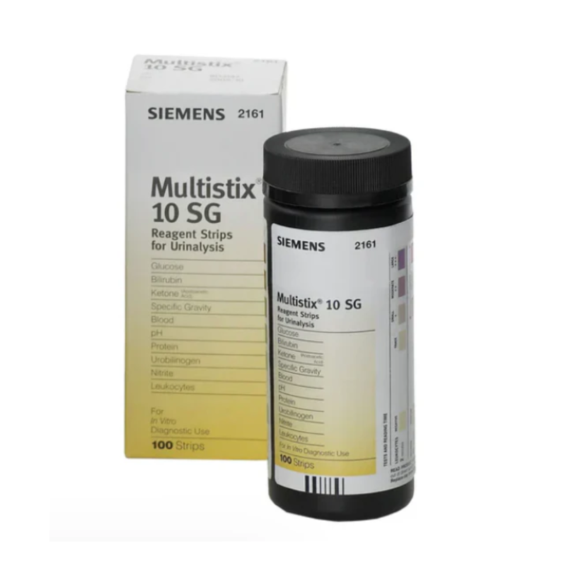 Siemens Multistix 10 SG reagent strips for urinalysis with packaging on a white background