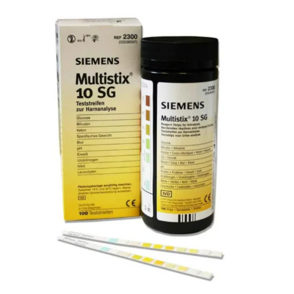Siemens Multistix 10 SG test strips with packaging on a white background
