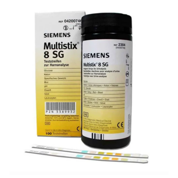 Siemens Multistix 8 SG test strips packaging with test strips on a white background