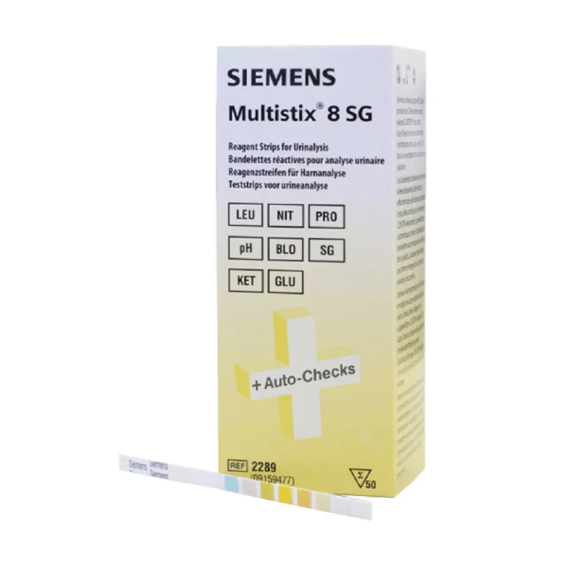 Siemens Multistix 8 SG reagent strips packaging on a white background