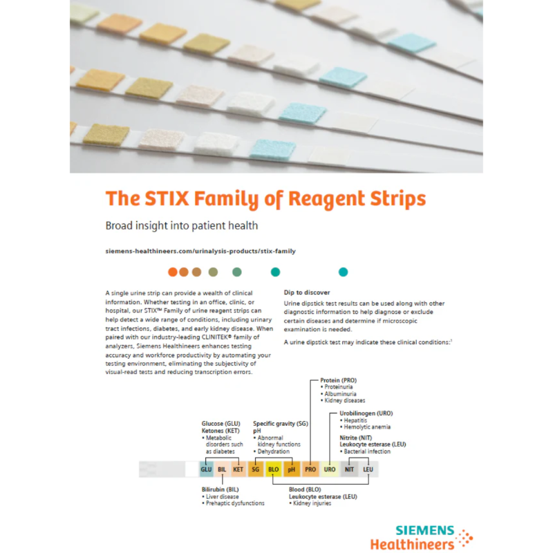 Siemens Healthineers STIX Family of Reagent Strips brochure with color swatches and text.
