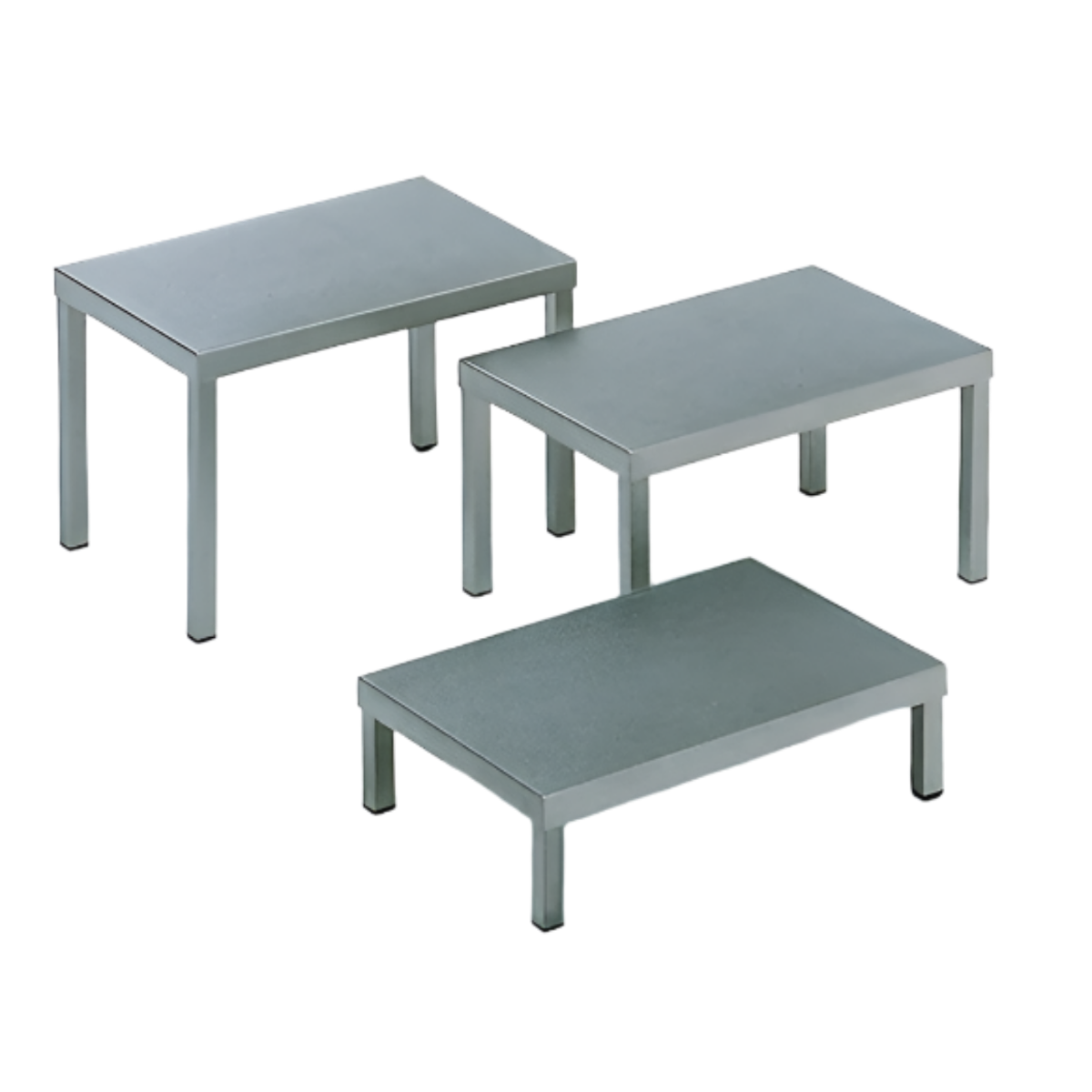 Three metallic tables of varying sizes on a light blue background