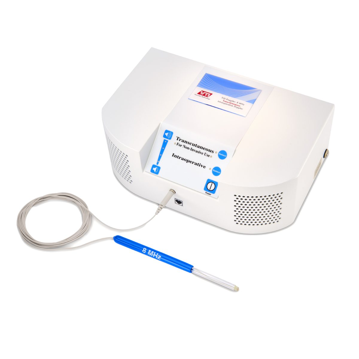 Medical device with a blue probe on a white background