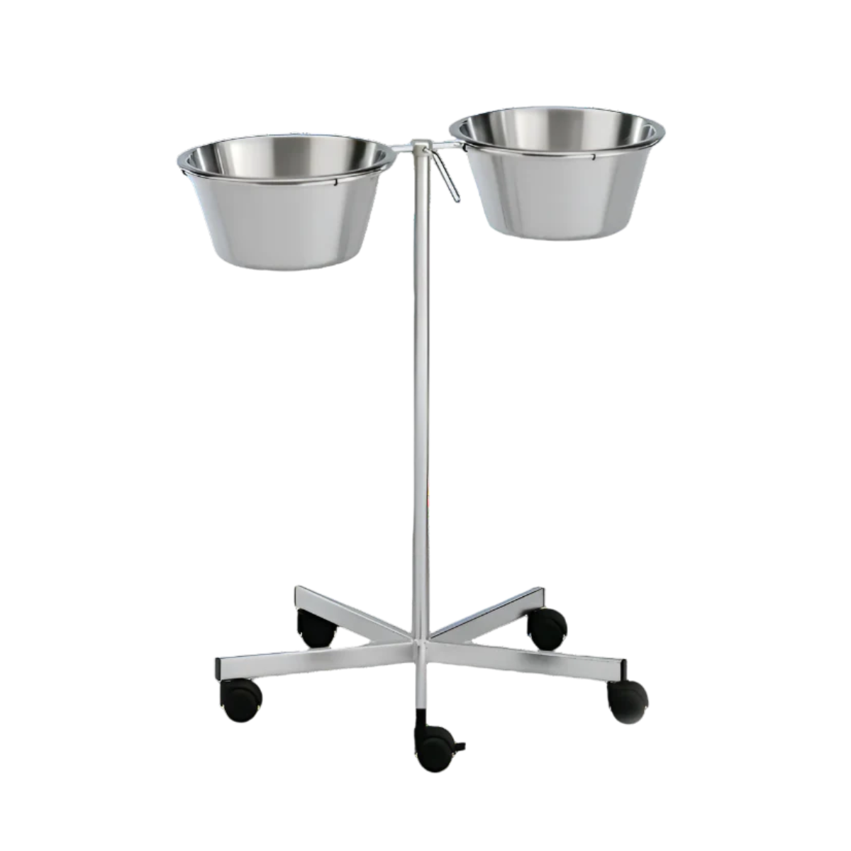 Stainless steel pet bowl stand with two bowls on a white background