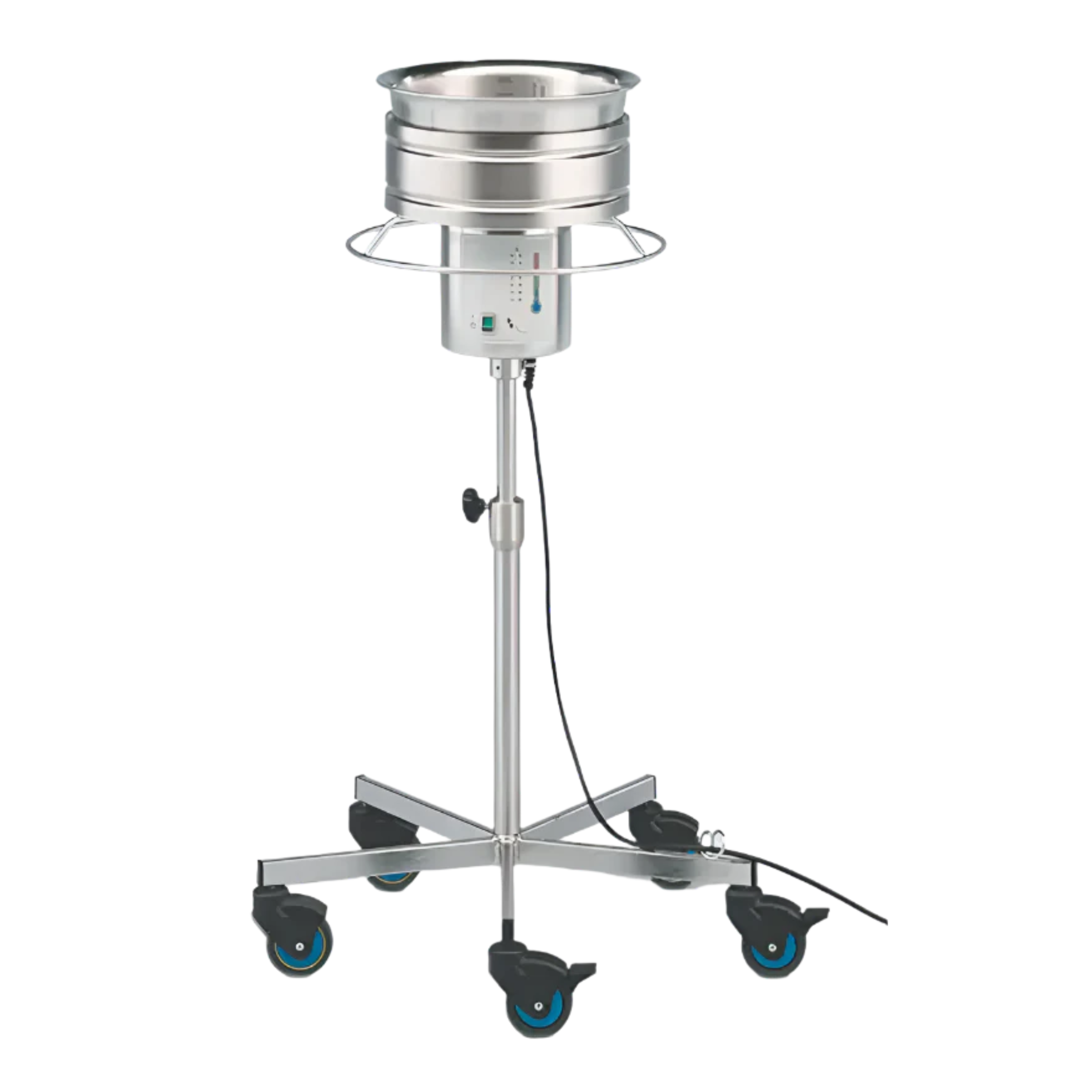 Stainless steel hot plate with wheels on a white background