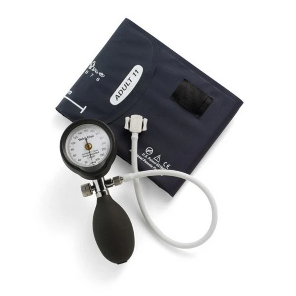 Blood pressure monitor with cuff on a white background