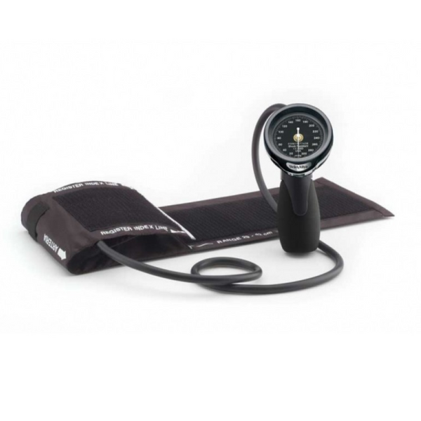 Blood pressure monitor with cuff on a white background