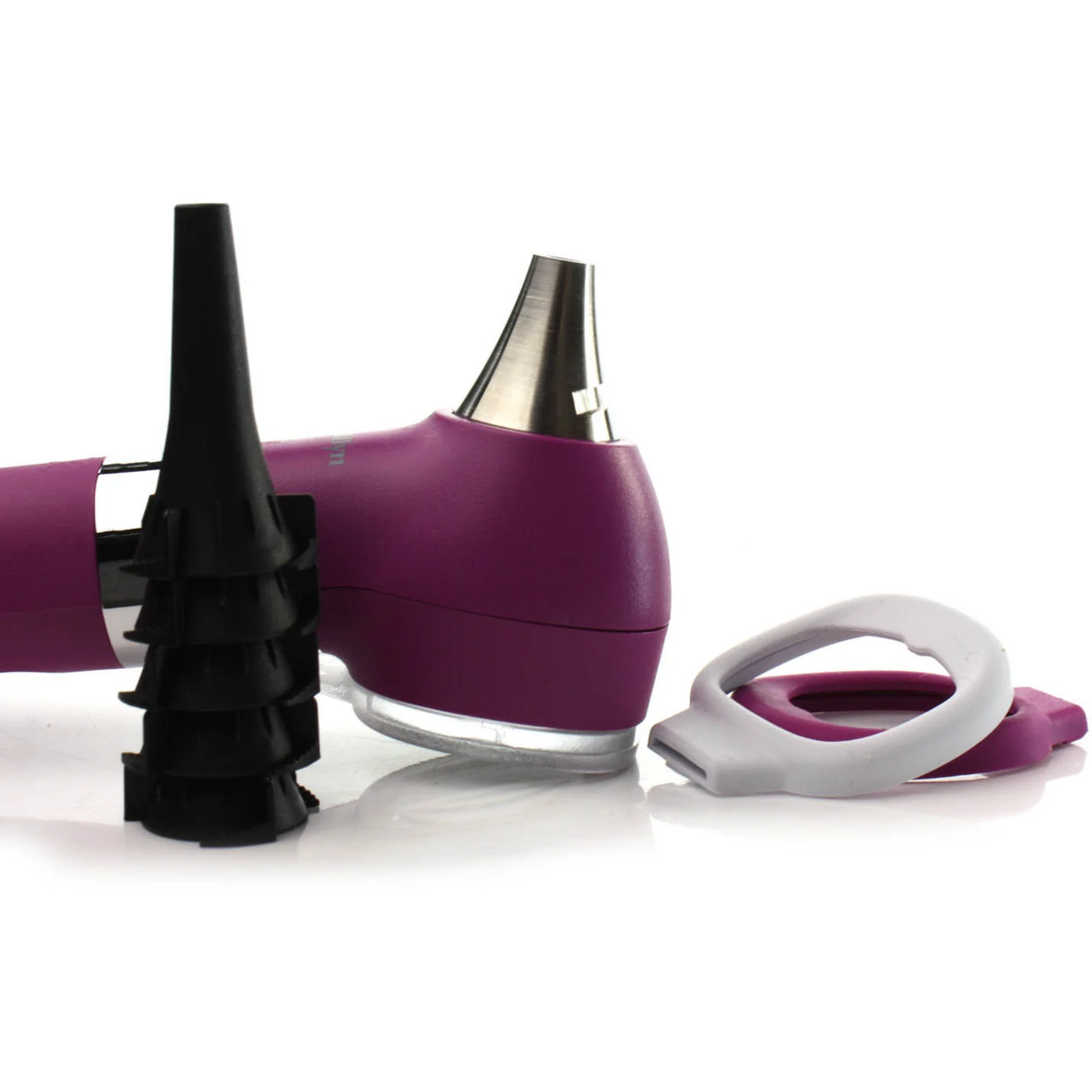 Purple handheld Otoscope with attachments on a white background