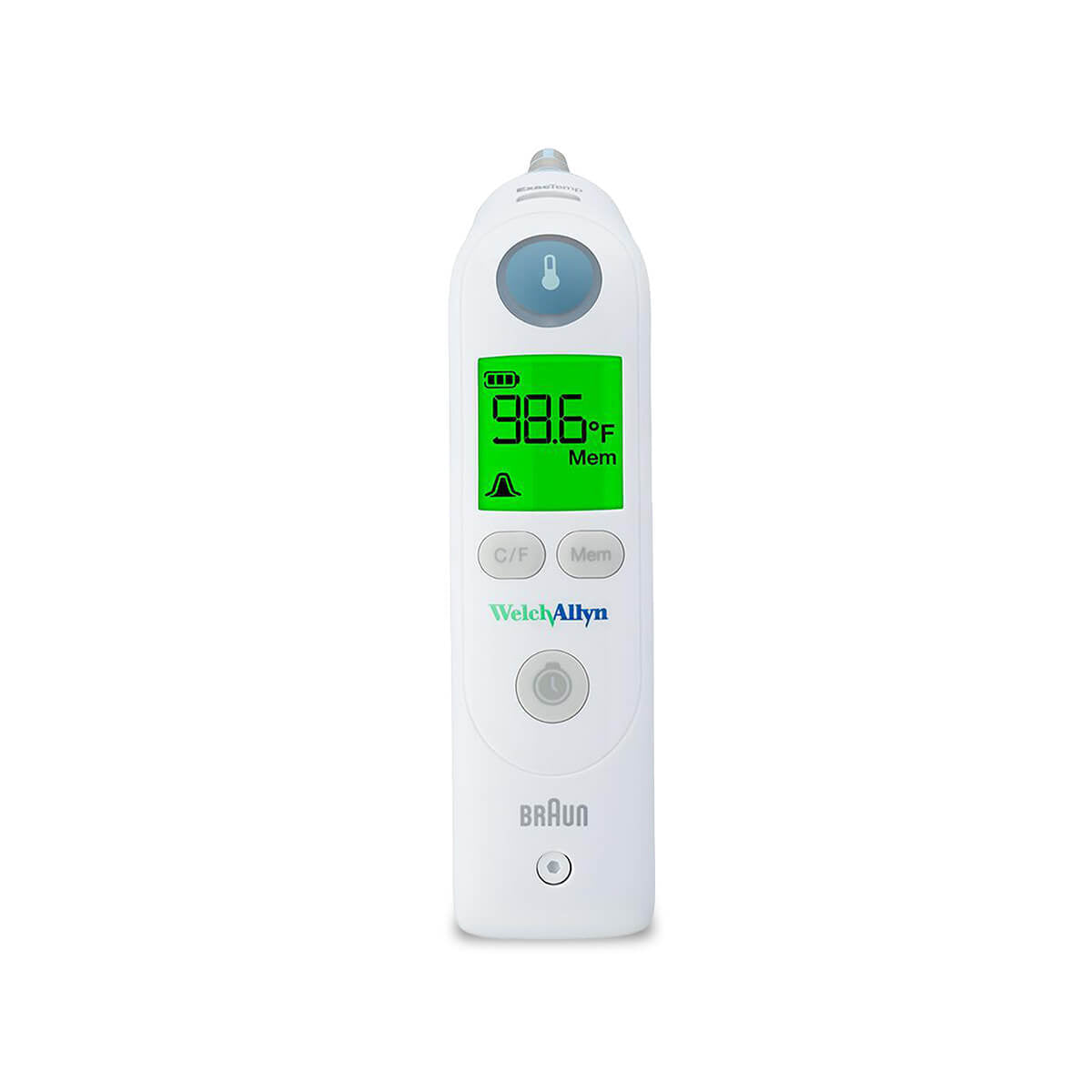 Digital ear thermometer with digital display on a white background