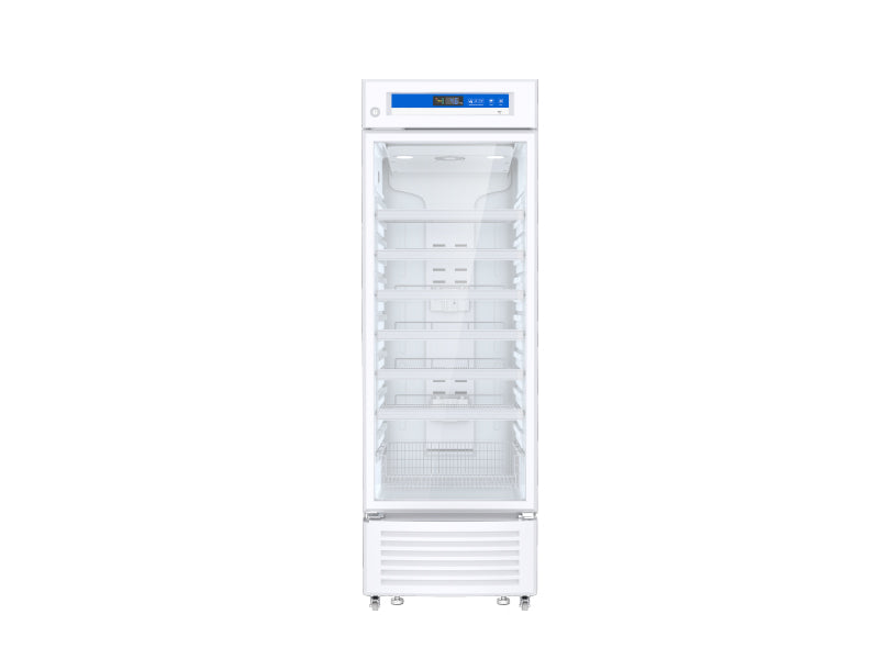 White refrigerator with glass door on a white background