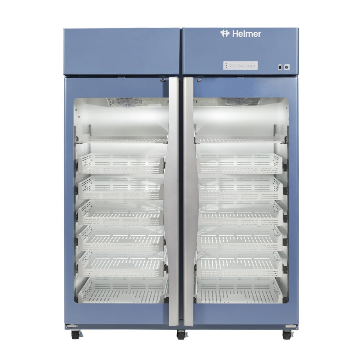Blue Helmer commercial refrigerator with multiple shelves on a white background. HPR245-GX Horizon Series upright pharmacy refrigerator, 1271-litre capacity, tall white medical storage unit with glass doors.