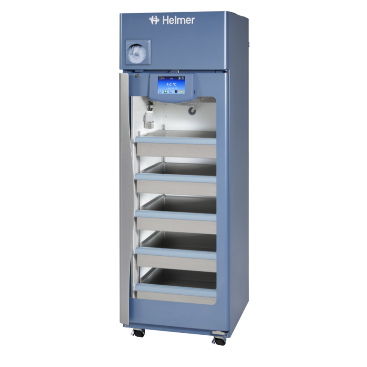 iBR120-GX -GX i.Series® Blood Bank Refrigerator: a full-height, medical-grade stainless-steel refrigerator with a glass door showing organised, clearly labeled shelves for blood bag storage. Features an integrated digital control panel at the top and i.Series® monitoring system for precise temperature regulation.