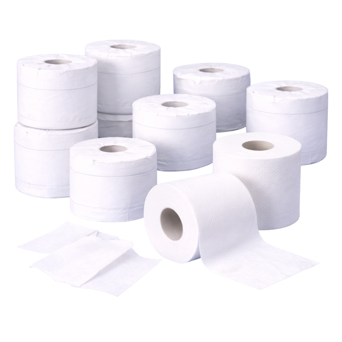 Multiple rolls of white paper towels on a white background